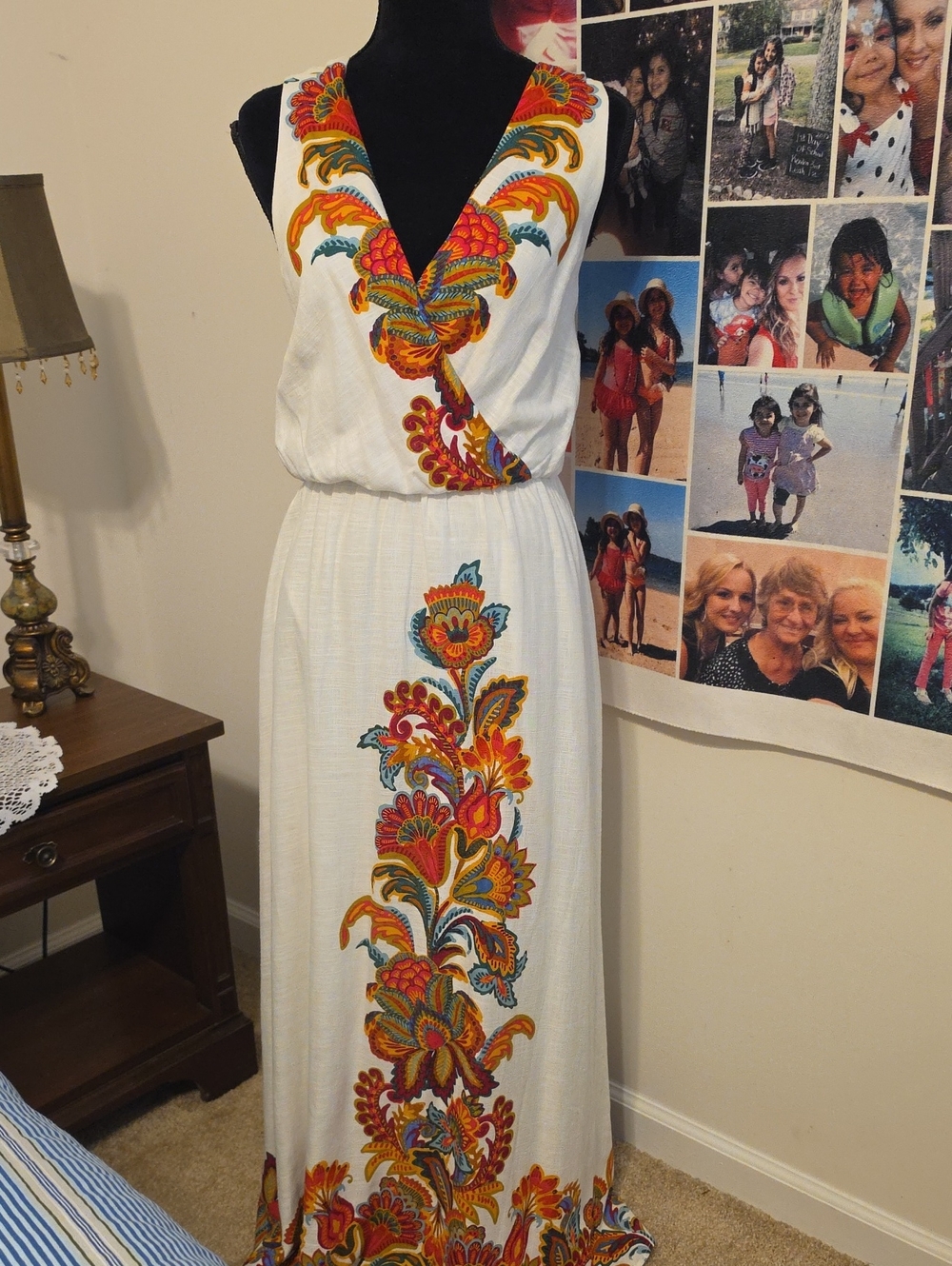 White Maxi Dress with Vibrant Floral Embroidery